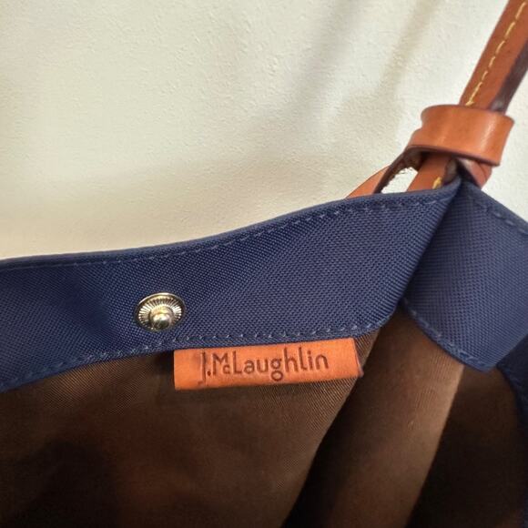 J. Mclaughlin Navy Blue Tote Back with Coin Pouch Leather Handle Snap Close - Picture 6 of 10